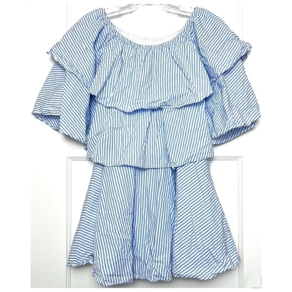 TOME 70s Off The Shoulder Striped Cotton Tiered Ruffle Short Sleeve Mini Dress 0 - Picture 4 of 7